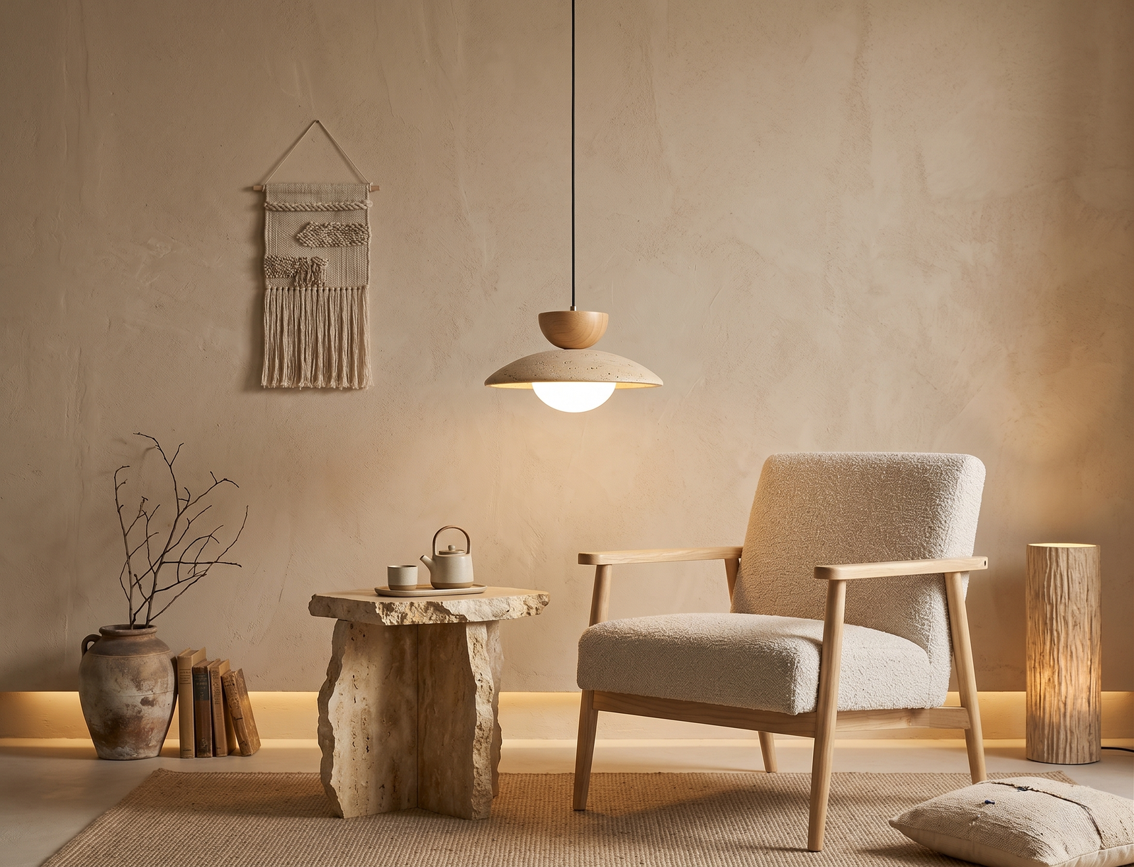 Japandi Wabi-Sabi Pendant Light | Travertine stone and wood lamp, minimalist light fixture for dining room, bedroom, living room