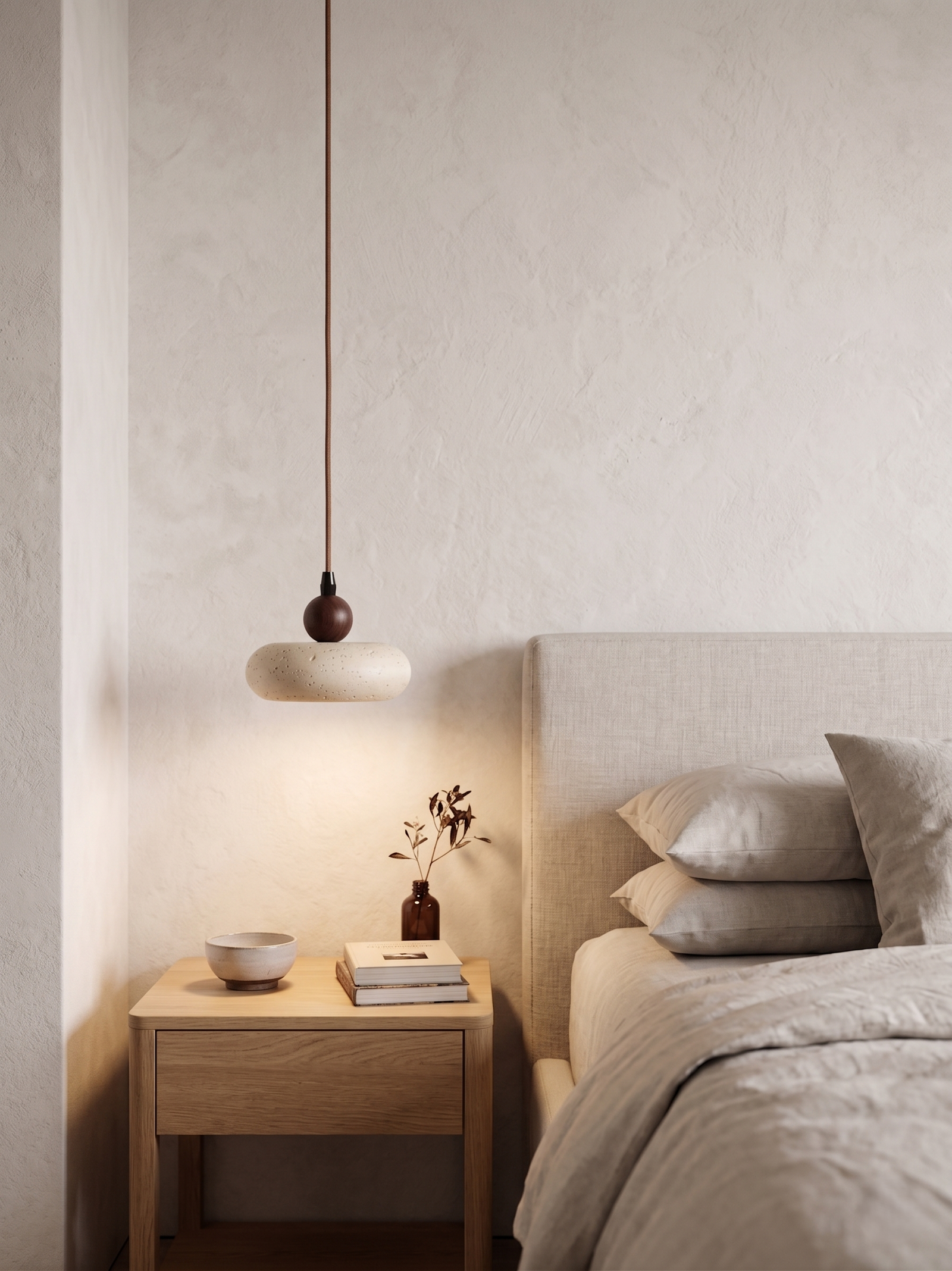 Travertine Wood Pendant Light | Japandi Ceiling Lamp | Natural Stone Hanging Light | Minimalist Dining Room Lamp | Wabi Sabi Decor