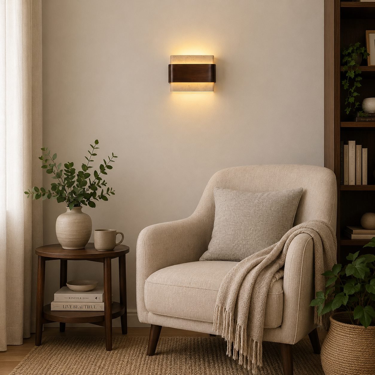 Wabi Sabi Wood & Natural Stone LED Wall Lamp | Up & Down Warm Glow Sconce for Bedroom, Hallway & Living Room