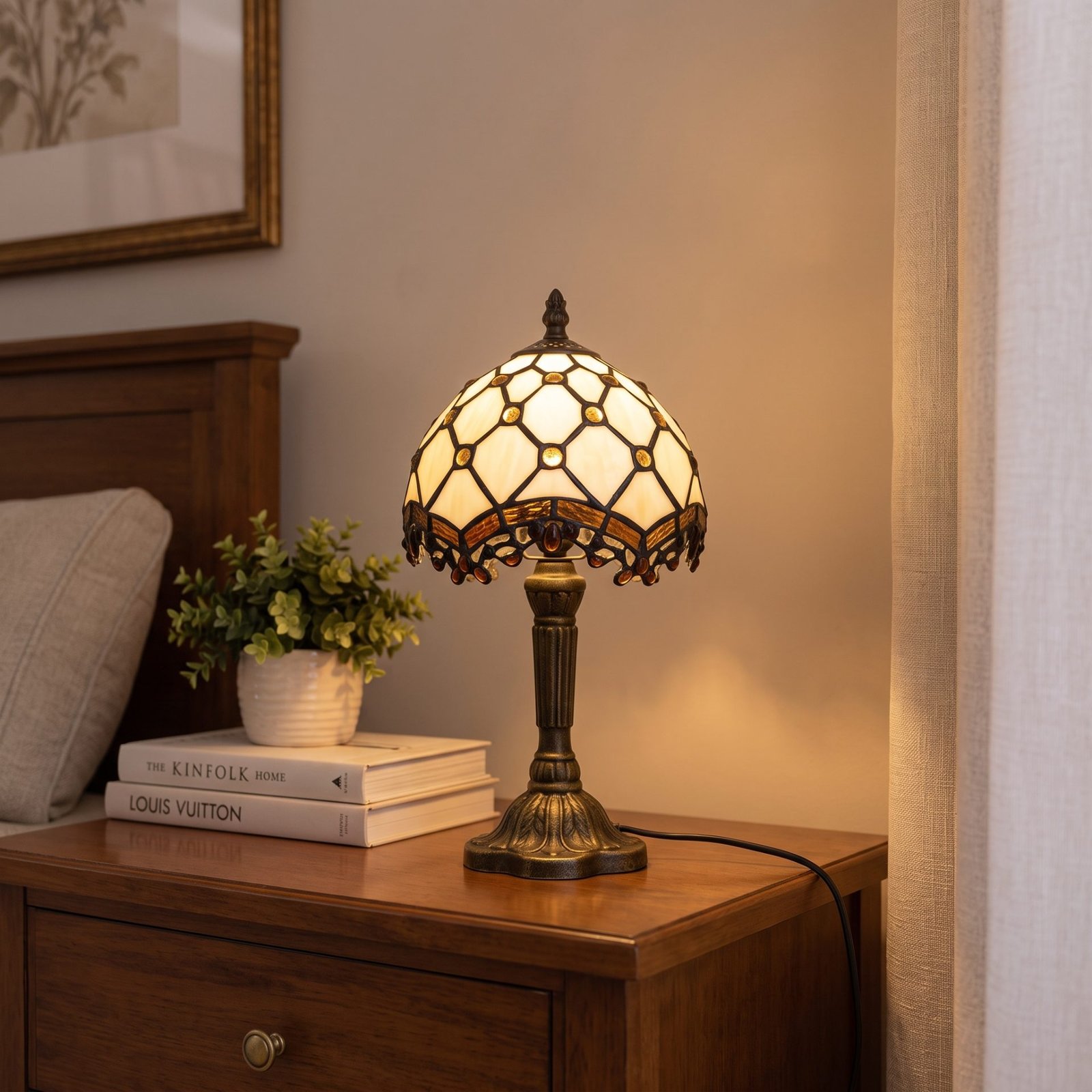 Vintage Tiffany Plug-In Stained Glass Table Lamp | Bedside Light for Bedroom & Living Room
