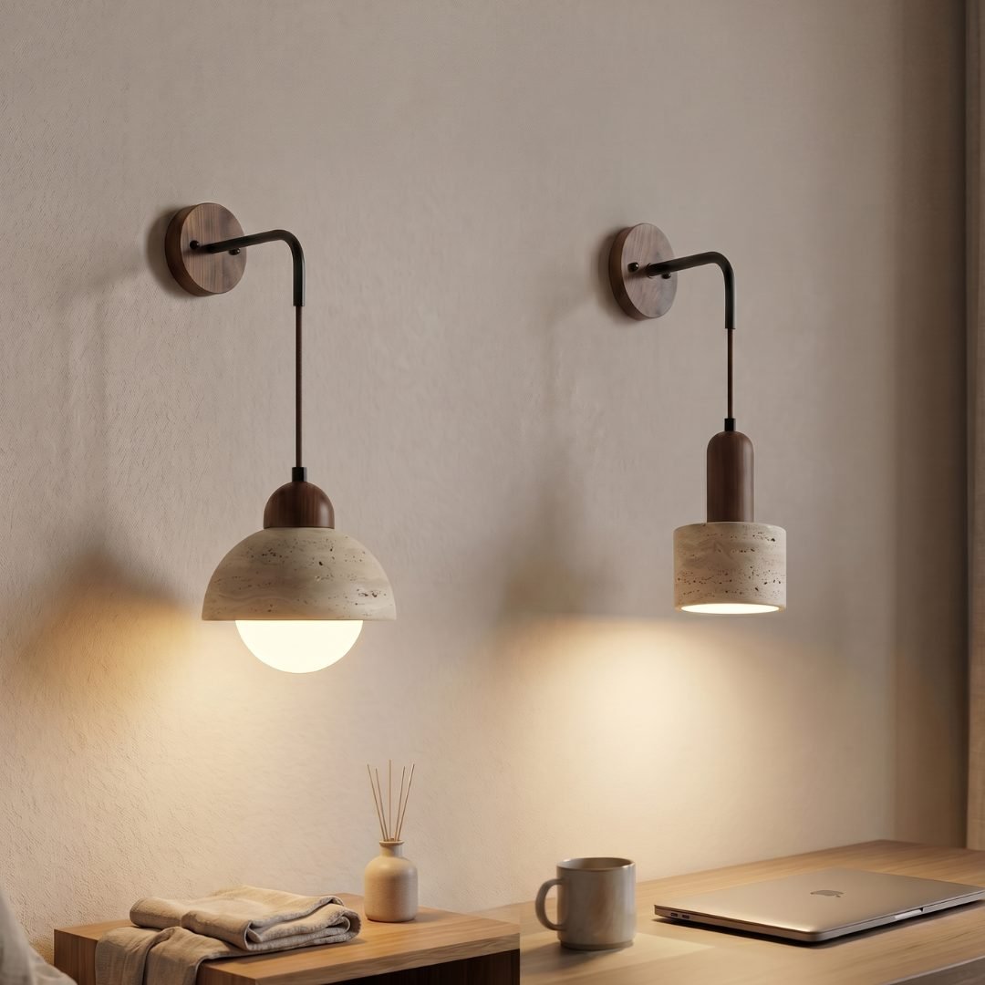 Japanese Wabi Sabi Travertine Stone Wall Lamp | LED Bedside Light for Bedroom & Living Room | Lufa Decor