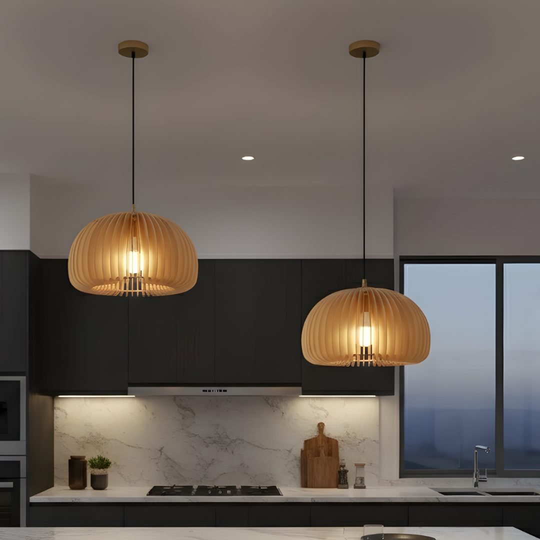 Natural Wooden Pumpkin Pendant Light | Handcrafted Bamboo Hanging Lamp for Dining Room, Kitchen & Bedroom