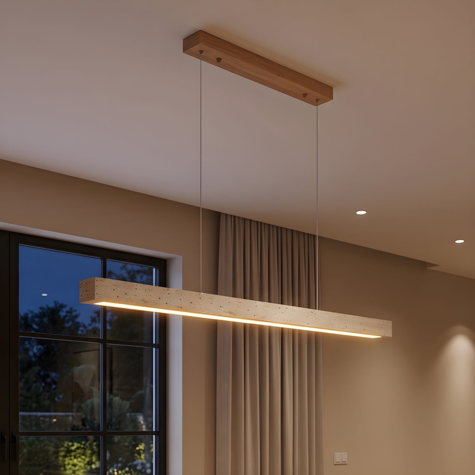Modern Wabi Sabi Travertine Chandelier | Linear Stone & Walnut Wood Pendant for Dining & Kitchen